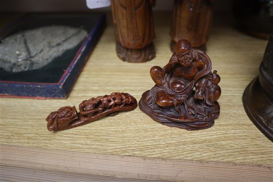 Two Chinese bamboo figures of immortal, a wood figure of a luohan and a wood belt hook tallest 27cm